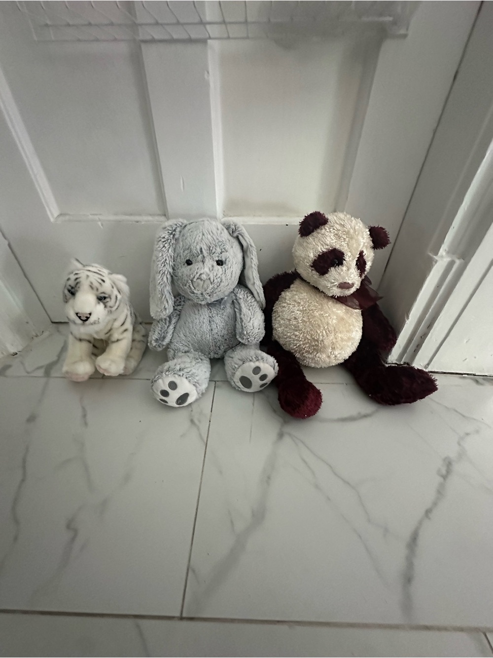 Set of 3 Stuffed Plush Animals — White Tiger, Grey Bunny, Panda Bear